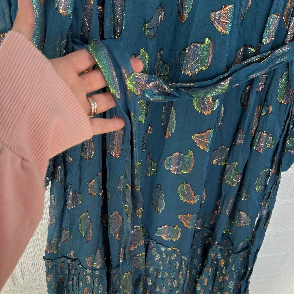 Ciebon Metallic Leaf Belted Teal Long Sleeve Maxi Dress sz S